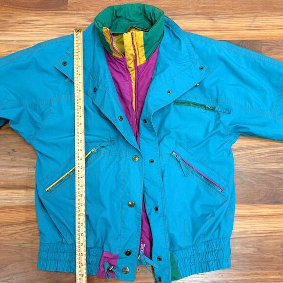 Vintage 80s Colorblock Ski Teal London Fog S Jacket Retro Neon Unisex Oversized - Picture 7 of 8